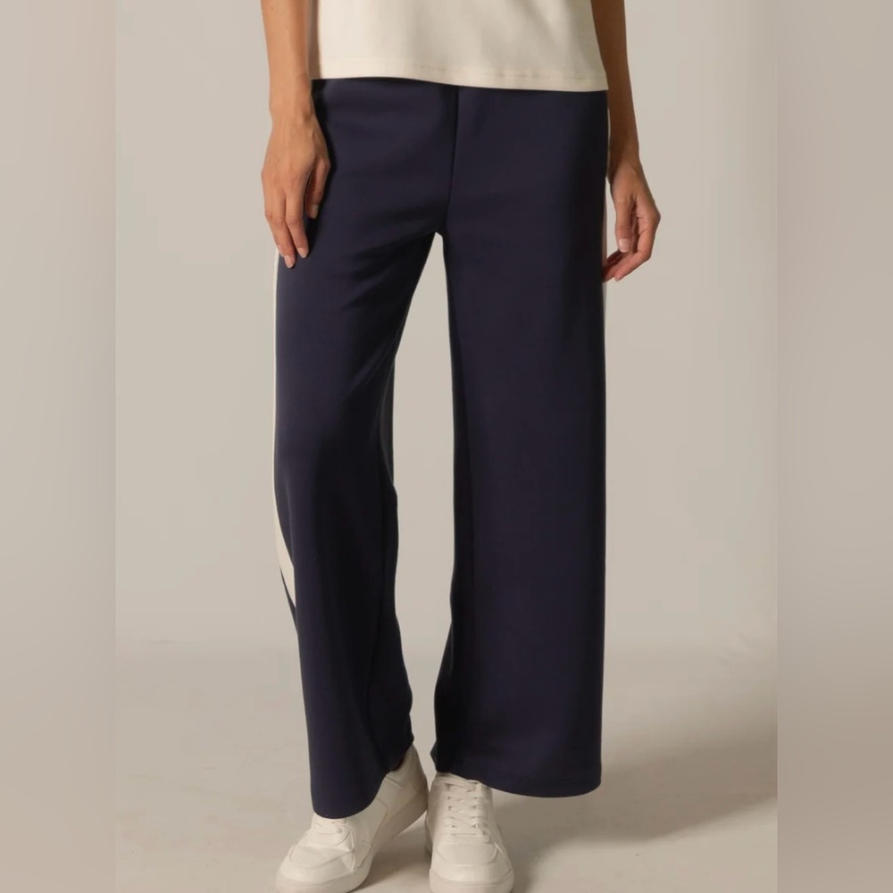 P Cill Navy Scuba Knit Charlotte Top Lula Side Stripe Wide Leg Pants Set XS - Picture 2 of 10